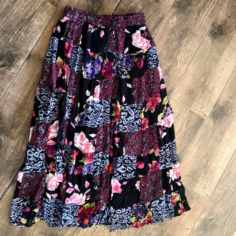Women's Boho Dark Patchwork Tiered Maxi Skirt, Multicolor, OS